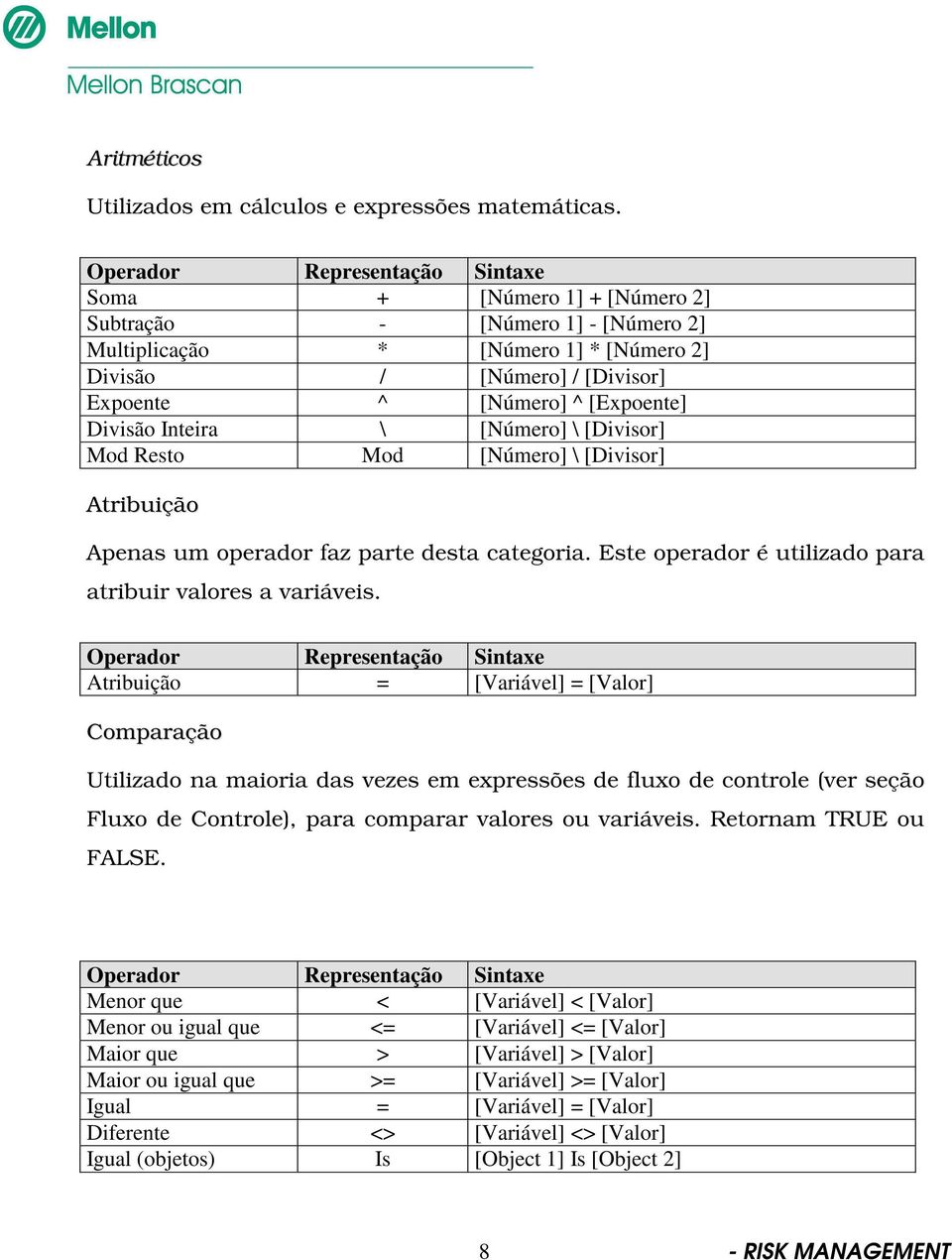 [Expoente] Divisão Inteira \ [Número] \ [Divisor] Mod Resto Mod [Número] \ [Divisor] Atribuição Apenas um operador faz parte desta categoria.