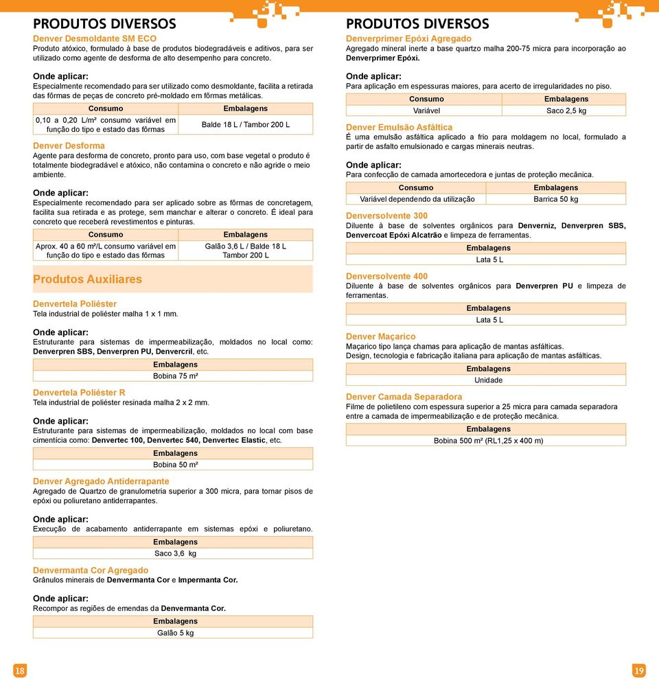 0,10 a 0,20 L/m² consumo variável em Balde 18 L / Tambor 200 L função do tipo e estado das fôrmas Denver Desforma Agente para desforma de concreto, pronto para uso, com base vegetal o produto é