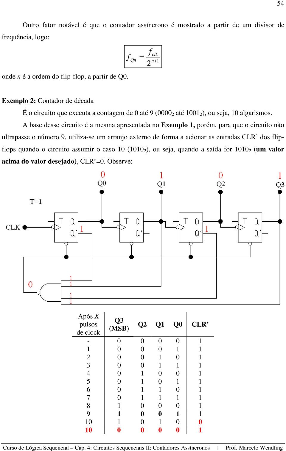 A base desse circuito é a mesma apresentada no Exemplo 1, porém, para que o circuito não ultrapasse o número 9, utiliza-se um arranjo externo de forma a acionar as entradas CLR dos flipflops quando o