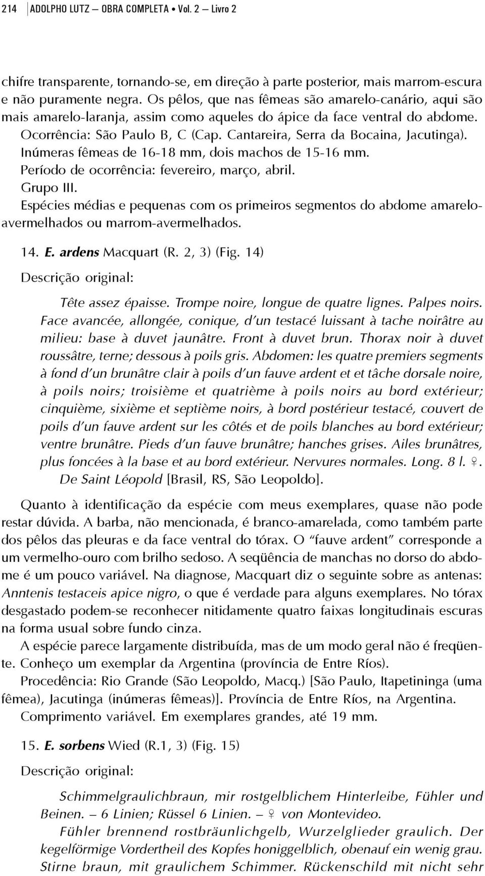 Cantareira, Serra da Bocaina, Jacutinga). Inúmeras fêmeas de 16-18 mm, dois machos de 15-16 mm. Período de ocorrência: fevereiro, março, abril. Grupo III.