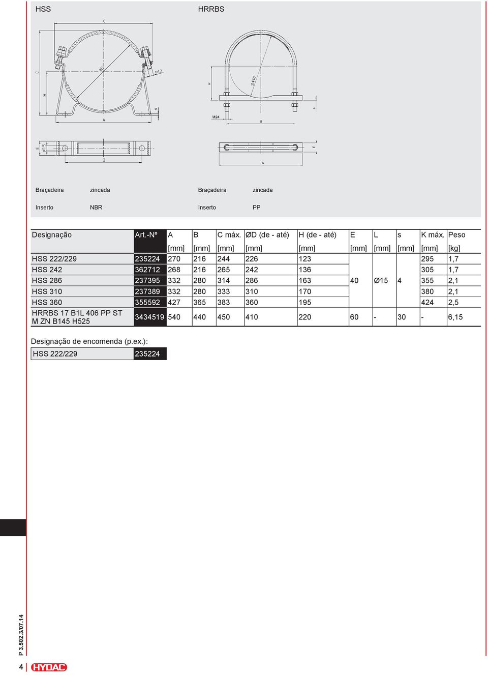 Peso [mm] [mm] [mm] [mm] [mm] [mm] [mm] [mm] [mm] [kg] HSS 222/229 235224 270 26 244 226 23 295,7 HSS 242 36272 268 26