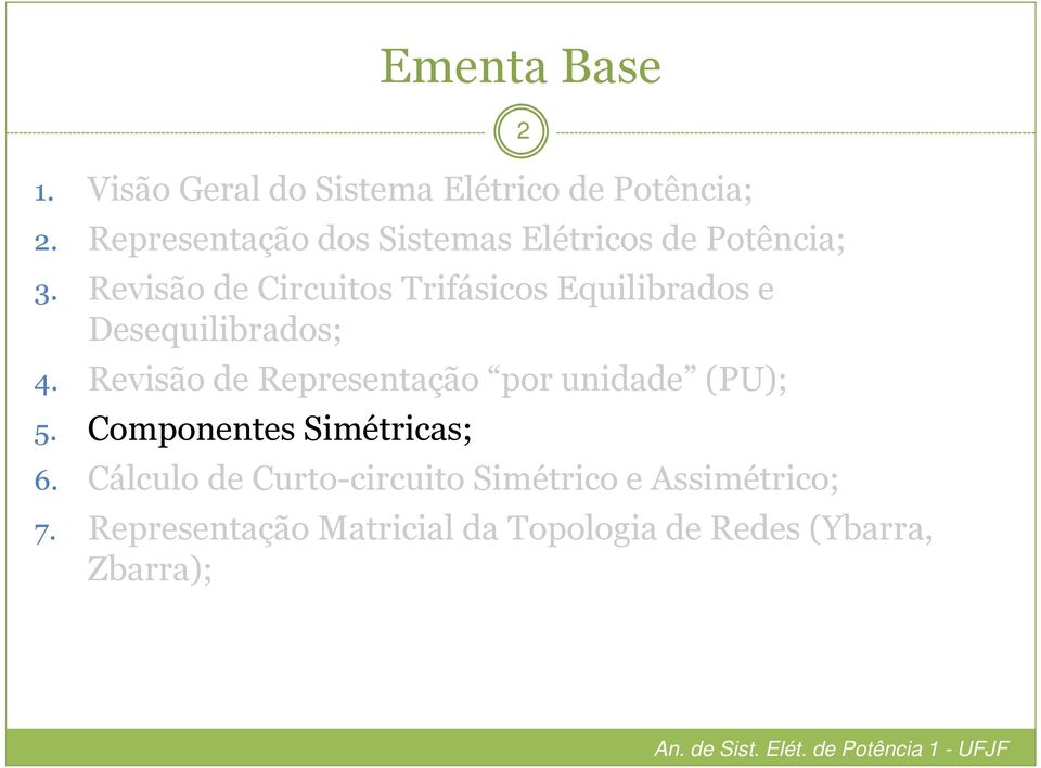Revisão de Representação por unidade (PU); 5. Componentes Simétricas; Ementa Base 6.