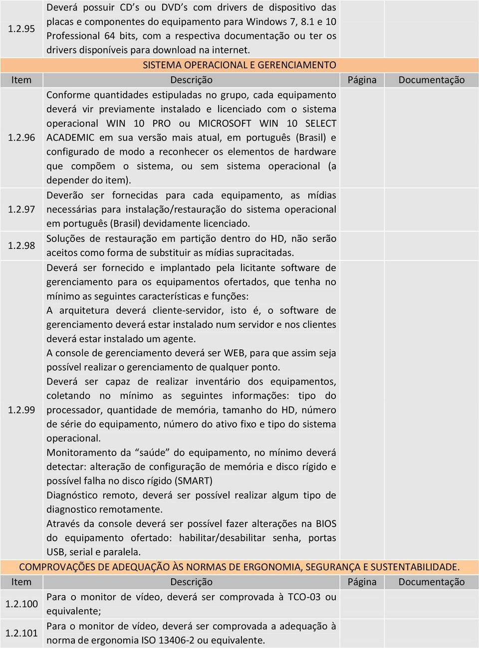 96 Conforme quantidades estipuladas no grupo, cada equipamento deverá vir previamente instalado e licenciado com o sistema operacional WIN 10 PRO ou MICROSOFT WIN 10 SELECT ACADEMIC em sua versão