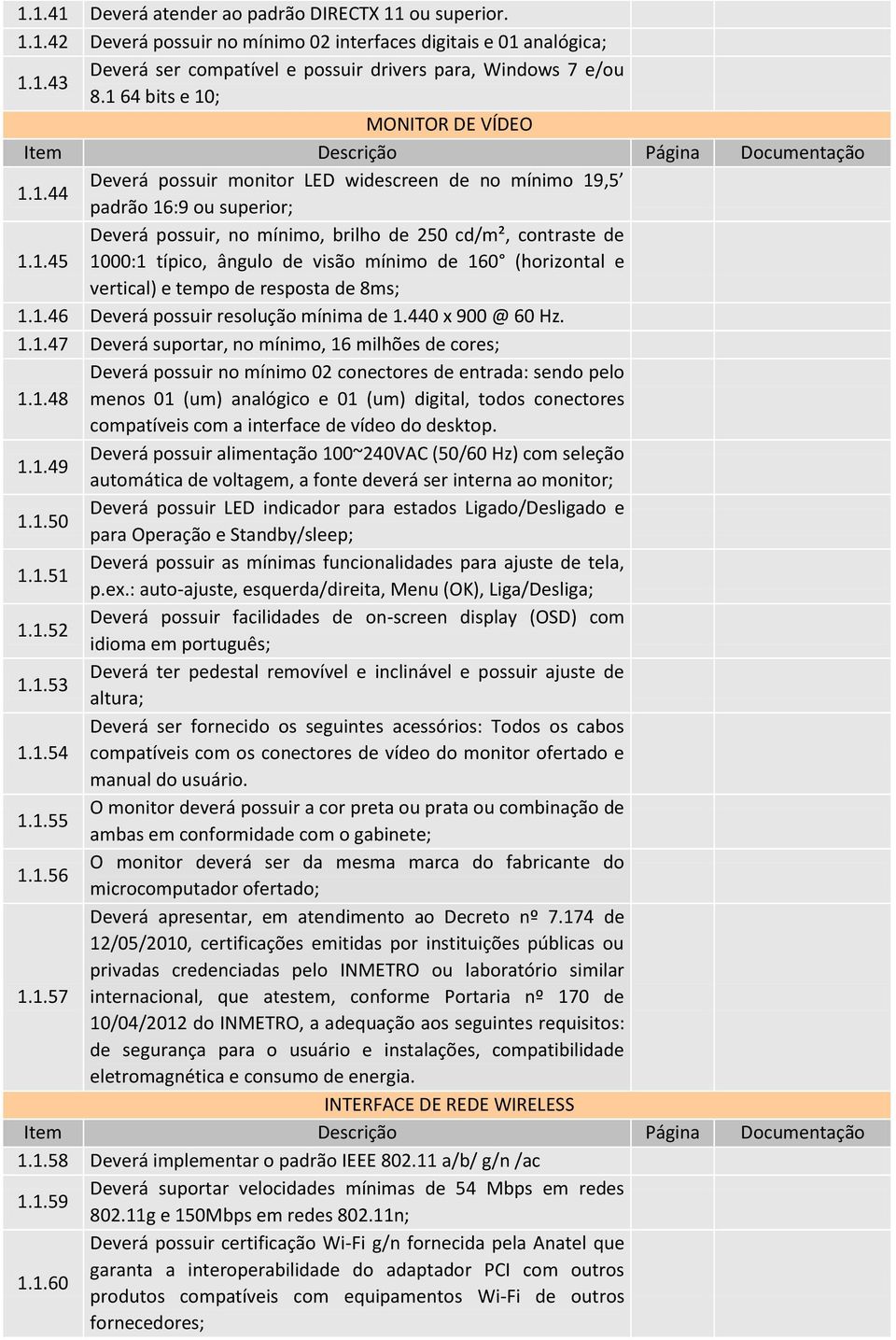 1.46 Deverá possuir resolução mínima de 1.440 x 900 @ 60 Hz. 1.1.47 Deverá suportar, no mínimo, 16 milhões de cores; 1.1.48 Deverá possuir no mínimo 02 conectores de entrada: sendo pelo menos 01 (um) analógico e 01 (um) digital, todos conectores compatíveis com a interface de vídeo do desktop.