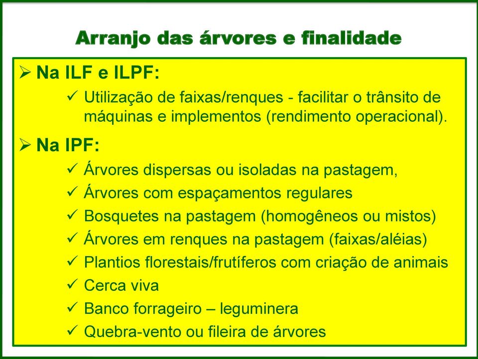 Árvores dispersas ou isoladas na pastagem, Árvores com espaçamentos regulares Bosquetes na pastagem (homogêneos ou