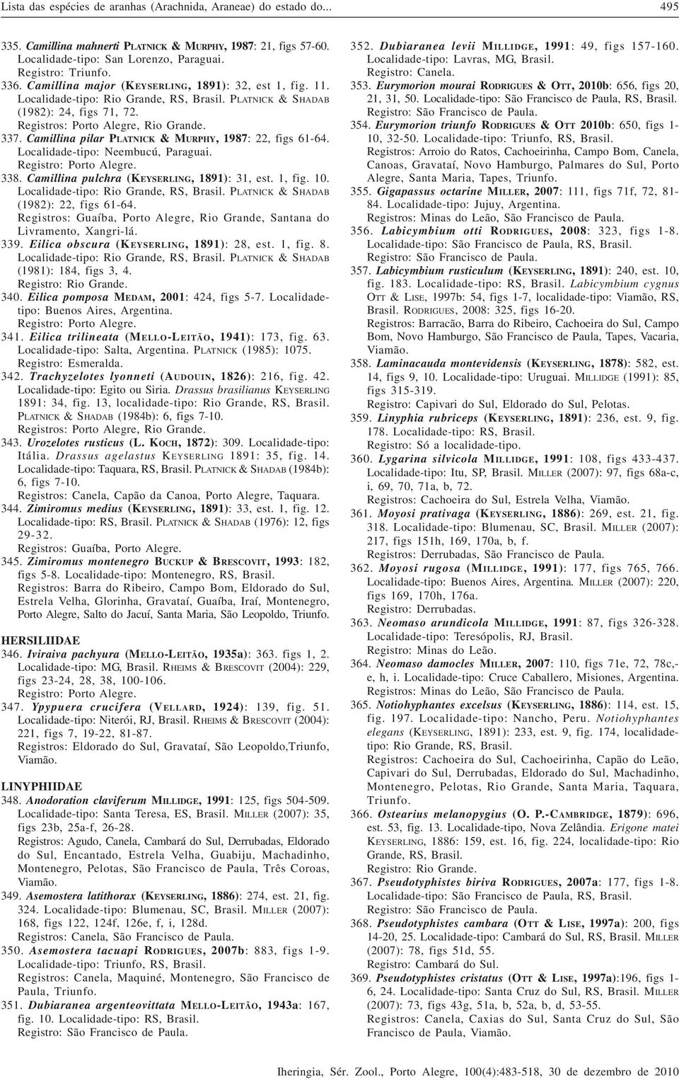 Camillina pilar PLATNICK & MURPHY, 1987: 22, figs 61-64. Localidade-tipo: Neembucú, Paraguai. Registro: Porto Alegre. 338. Camillina pulchra (KEYSERLING, 1891): 31, est. 1, fig. 10.