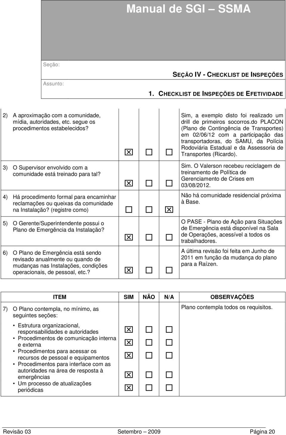 3) O Supervisor envolvido com a comunidade está treinado para tal? 4) Há procedimento formal para encaminhar reclamações ou queixas da comunidade na Instalação?