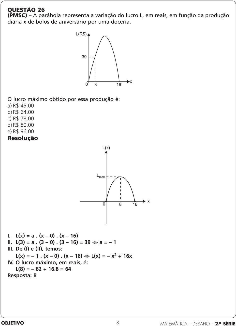 O lucro máximo obtido por essa produção é: a) R$ 45,00 b) R$ 64,00 c) R$ 78,00 d) R$ 80,00 e) R$ 96,00 I.