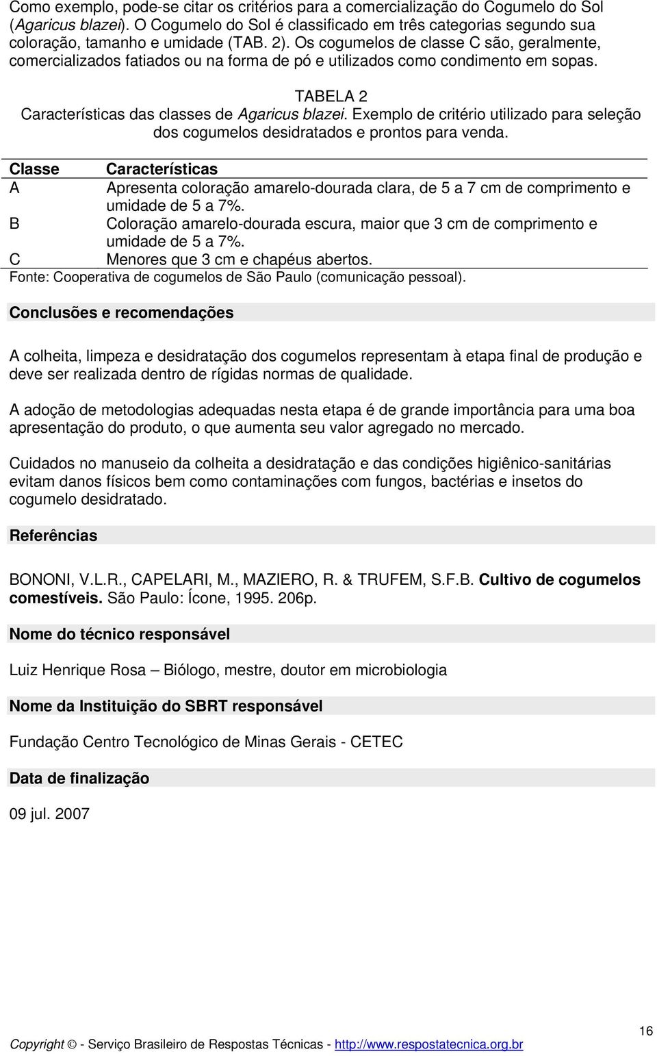 Exemplo de critério utilizado para seleção dos cogumelos desidratados e prontos para venda.