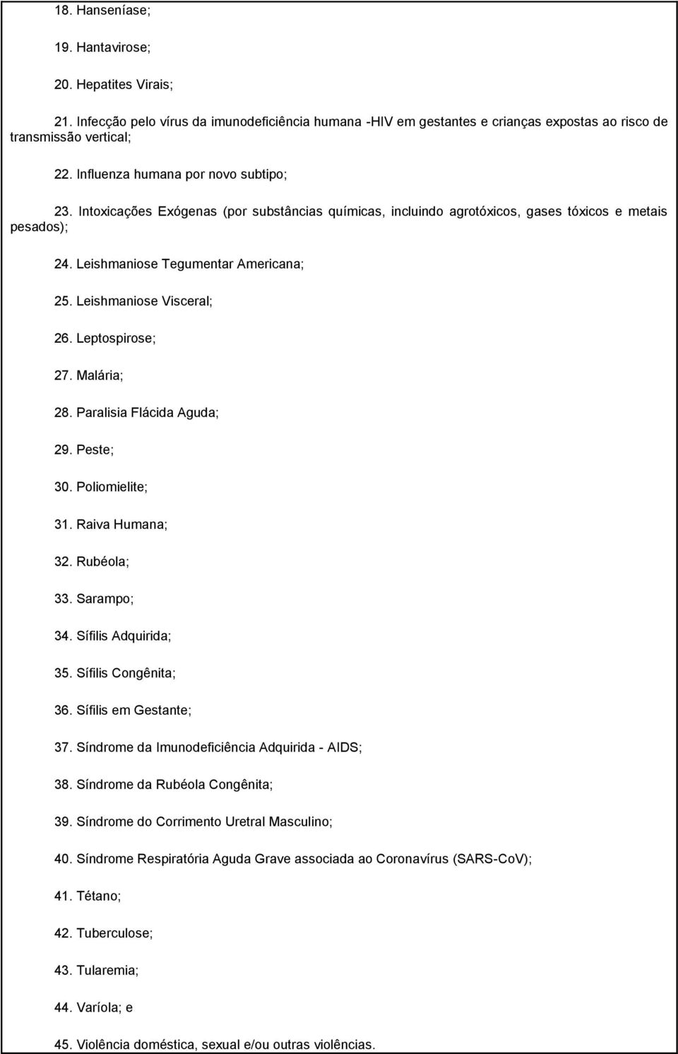 Leishmaniose Visceral; 26. Leptospirose; 27. Malária; 28. Paralisia Flácida Aguda; 29. Peste; 30. Poliomielite; 31. Raiva Humana; 32. Rubéola; 33. Sarampo; 34. Sífilis Adquirida; 35.