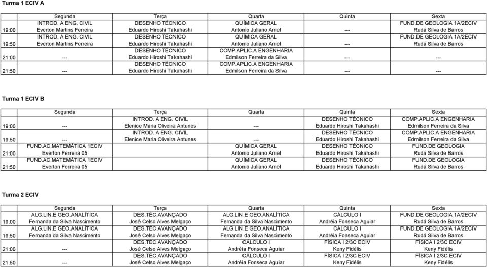 A ENGENHARIA 21:00 Eduardo Hiroshi Takahashi Edmilson Ferreira da Silva DESENHO TÉCNICO COMP.APLIC.A ENGENHARIA 21:50 Eduardo Hiroshi Takahashi Edmilson Ferreira da Silva Turma 1 ECIV B INTROD. A ENG.