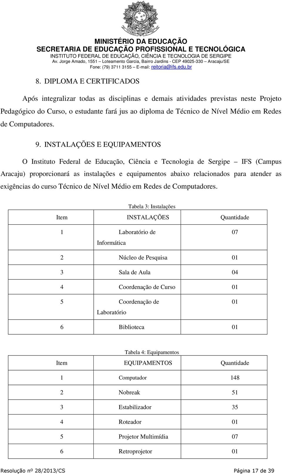 INSTALAÇÕES E EQUIPAMENTOS O Instituto Federal de Educação, Ciência e Tecnologia de Sergipe IFS (Campus Aracaju) proporcionará as instalações e equipamentos abaixo relacionados para atender as