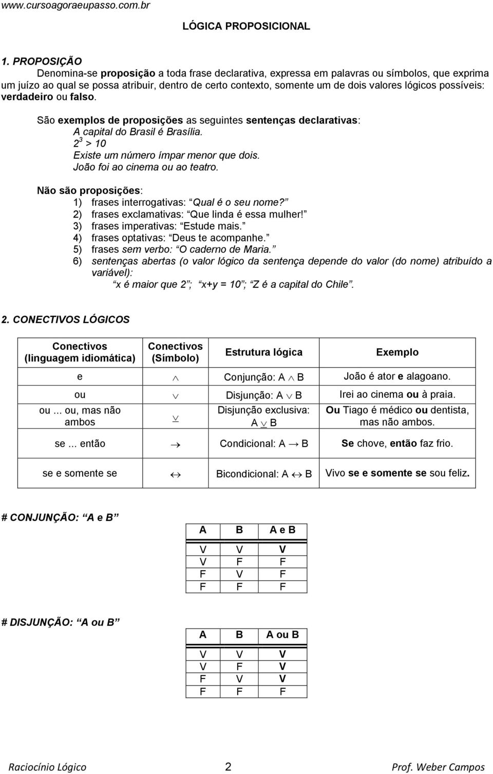 lógicos possíveis: verdadeiro ou falso. São exemplos de proposições as seguintes sentenças declarativas: A capital do Brasil é Brasília. 2 3 > 10 Existe um número ímpar menor que dois.