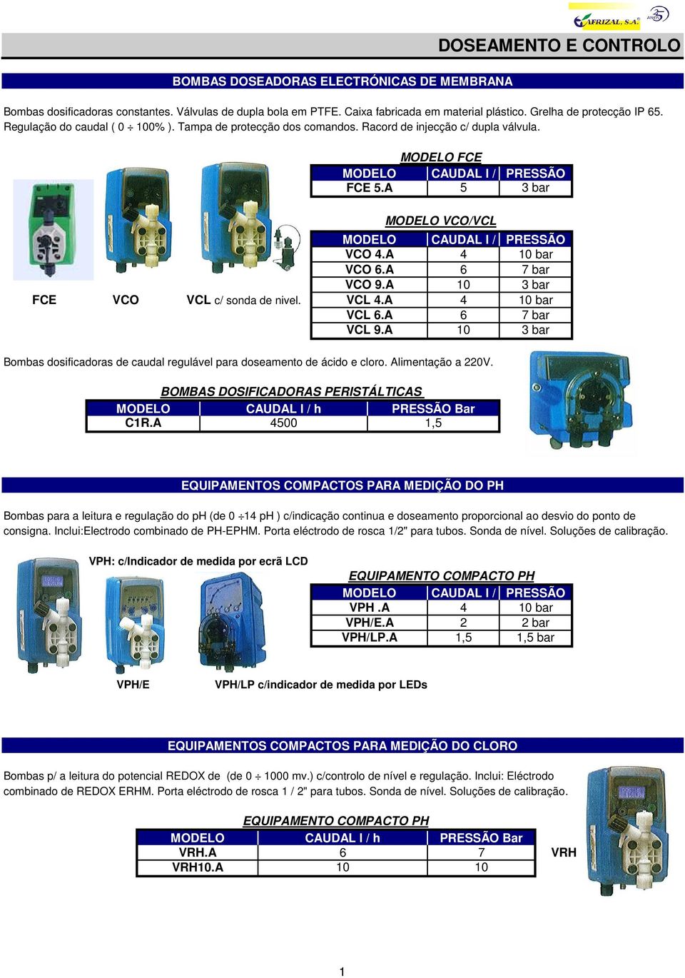 A 4500 1,5 DOSEAMENTO E CONTROLO Bombas dosificadoras constantes. Válvulas de dupla bola em PTFE. Caixa fabricada em material plástico. Grelha de protecção IP 65. Regulação do caudal ( 0 100% ).