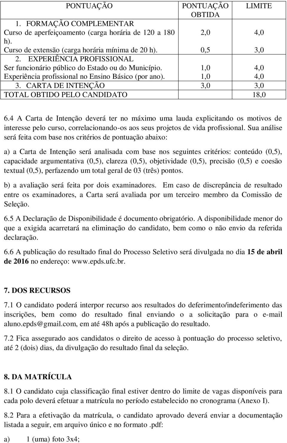 CARTA DE INTENÇÃO 3,0 3,0 TOTAL OBTIDO PELO CANDIDATO 18,0 4,0 3,0 6.