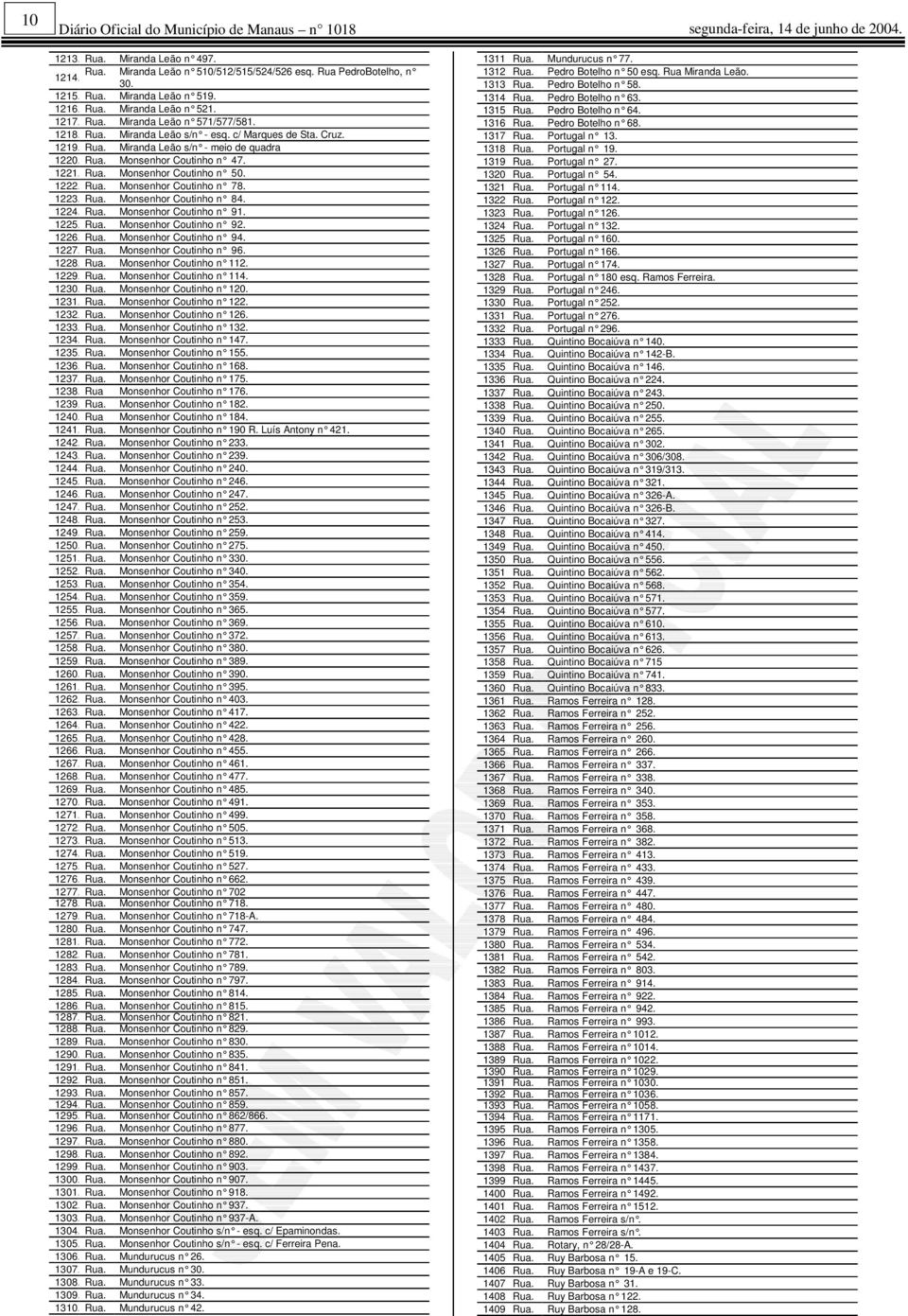 1221. Rua. Monsenhor Coutinho n 50. 1222. Rua. Monsenhor Coutinho n 78. 1223. Rua. Monsenhor Coutinho n 84. 1224. Rua. Monsenhor Coutinho n 91. 1225. Rua. Monsenhor Coutinho n 92. 1226. Rua. Monsenhor Coutinho n 94.