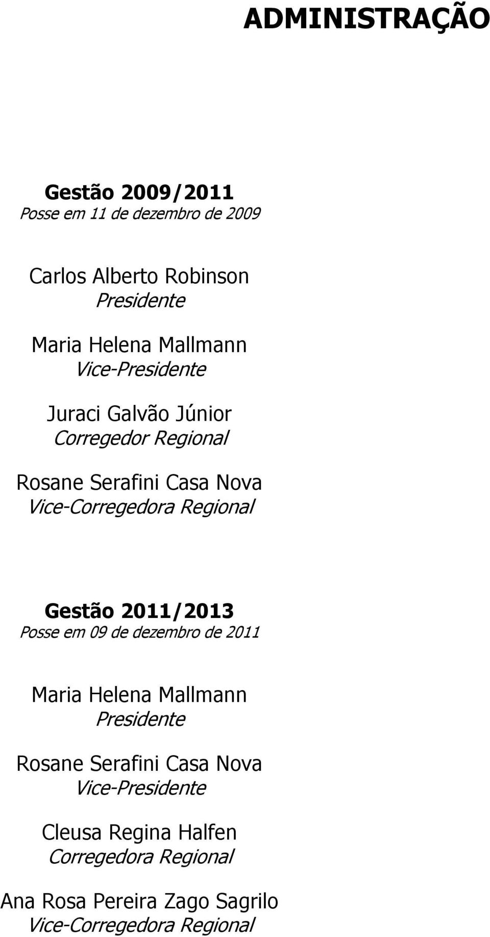 Regional Gestão 2011/2013 Posse em 09 de dezembro de 2011 Maria Helena Mallmann Presidente Rosane Serafini Casa