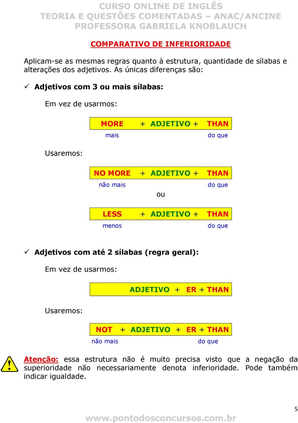 mais do que ou LESS + ADJETIVO + THAN menos do que Adjetivos com até 2 sílabas (regra geral): Em vez de usarmos: ADJETIVO + ER + THAN Usaremos: NOT +