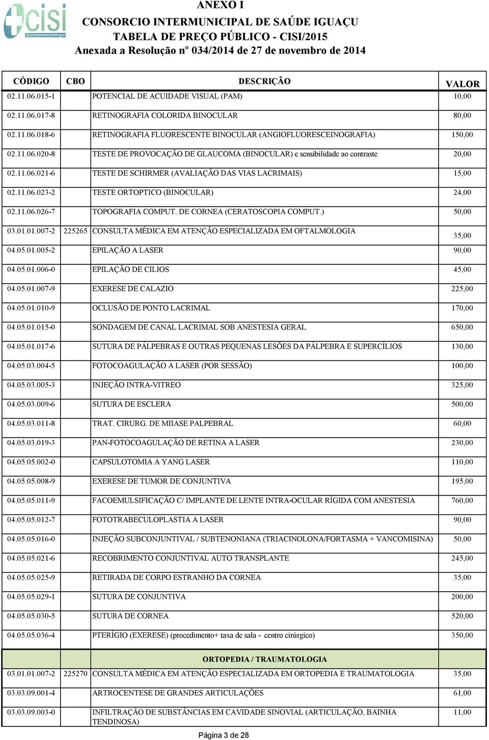 01.007-2 225265 CONSULTA MÉDICA EM ATENÇÃO ESPECIALIZADA EM OFTALMOLOGIA 35,00 04.05.01.005-2 EPILAÇÃO A LASER 90,00 04.05.01.006-0 EPILAÇÃO DE CILIOS 45,00 04.05.01.007-9 EXERESE DE CALAZIO 225,00 04.