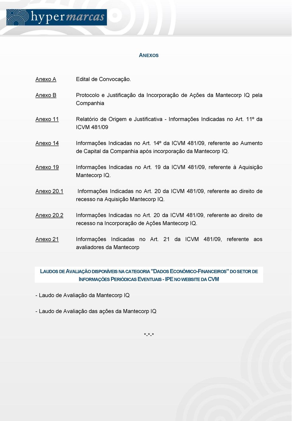 11º da ICVM 481/09 Anexo 14 Informações Indicadas no Art. 14º da ICVM 481/09, referente ao Aumento de Capital da Companhia após incorporação da Mantecorp IQ. Anexo 19 Informações Indicadas no Art.