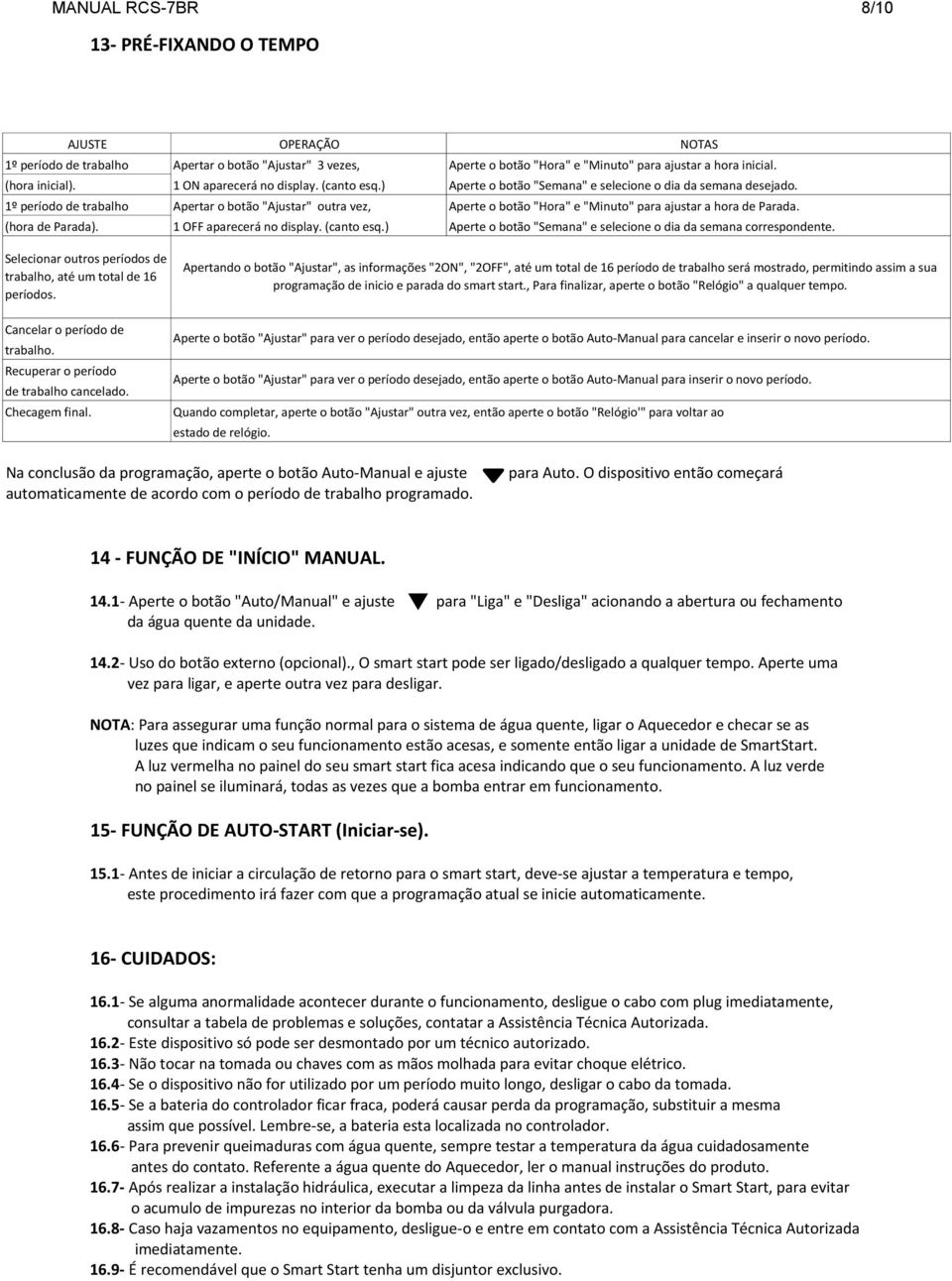 1º período de trabalho Apertar o botão "Ajustar" outra vez, Aperte o botão "Hora" e "Minuto" para ajustar a hora de Parada. (hora de Parada). 1 OFF aparecerá no display. (canto esq.