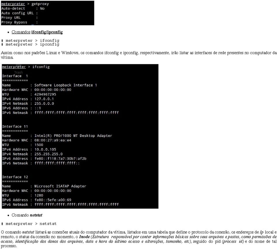 Comando netstat # meterpreter > netstat O comando netstat listará as conexões atuais do computador da vítima, listados em uma tabela que define o protocolo da conexão, os endereços de