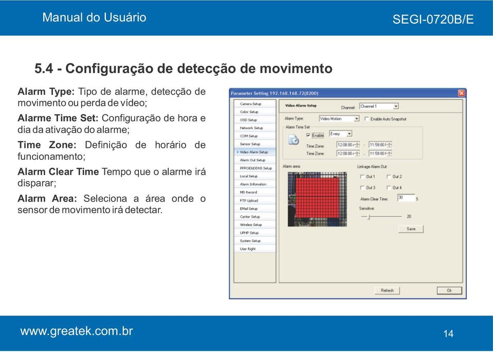 alarme; Time Zone: Definição de horário de funcionamento; Alarm Clear Time Tempo que o