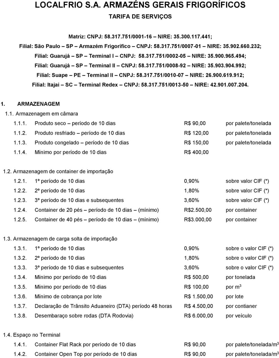 992; Filial: Suape PE Terminal II CNPJ: 58.317.751/0010-07 NIRE: 26.900.619.912; Filial: Itajai SC Terminal Redex CNPJ: 58.317.751/0013-50 NIRE: 42.901.007.204. 1. ARMAZENAGEM 1.1. Armazenagem em câmara 1.