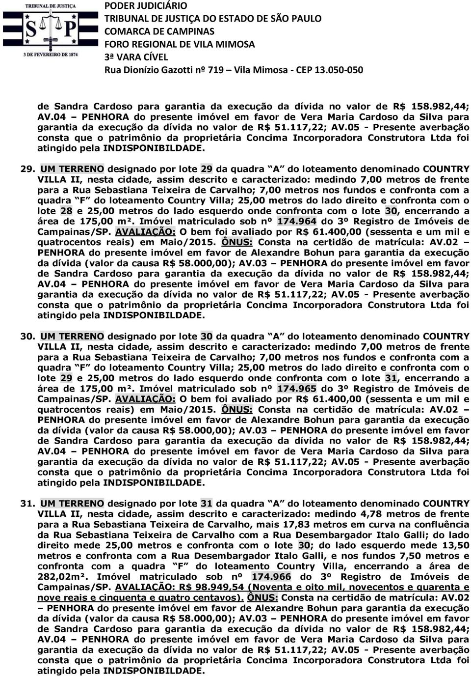 UM TERRENO designado por lote 30 da quadra A do loteamento denominado COUNTRY lote 29 e 25,00 metros do lado esquerdo onde confronta com o lote 31, encerrando a área de 175,00 m².