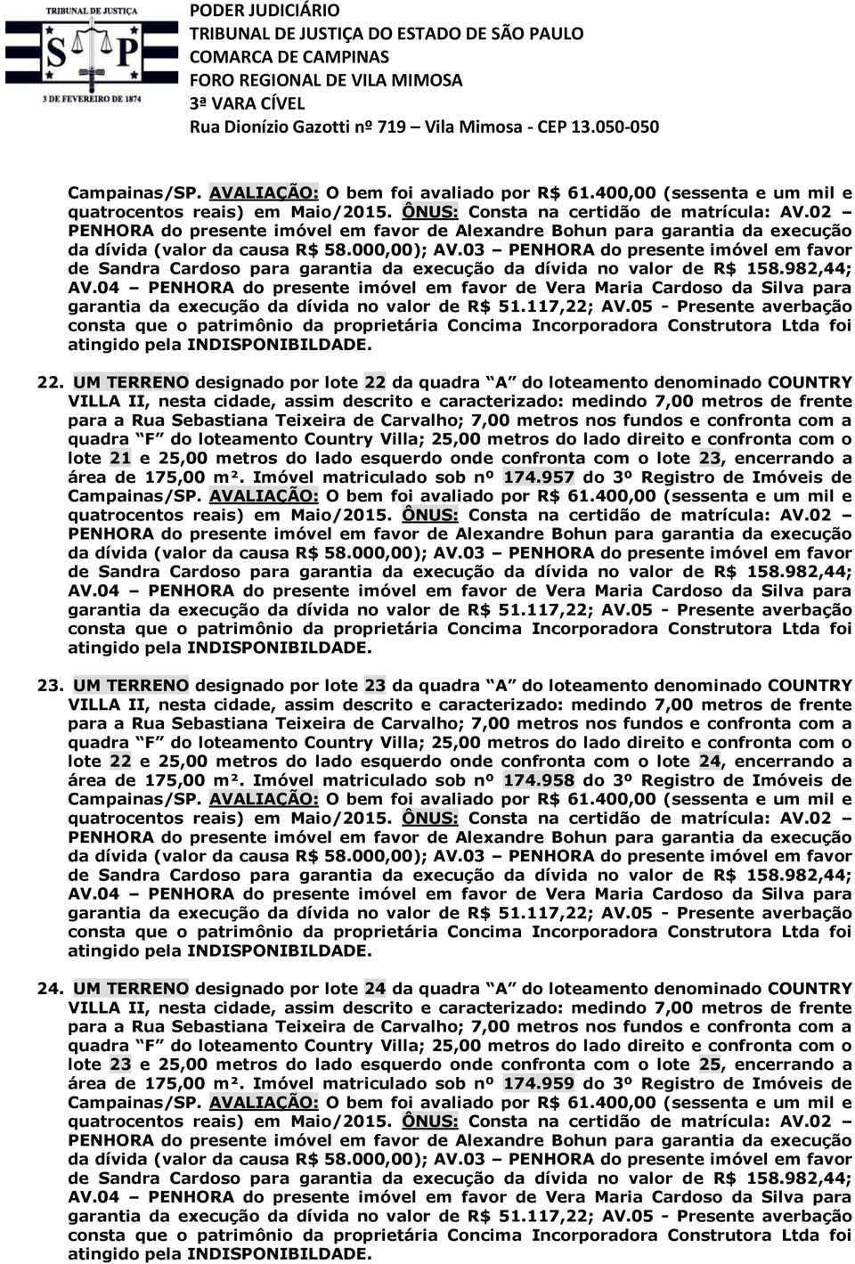 UM TERRENO designado por lote 23 da quadra A do loteamento denominado COUNTRY lote 22 e 25,00 metros do lado esquerdo onde confronta com o lote 24, encerrando a área de 175,00 m².