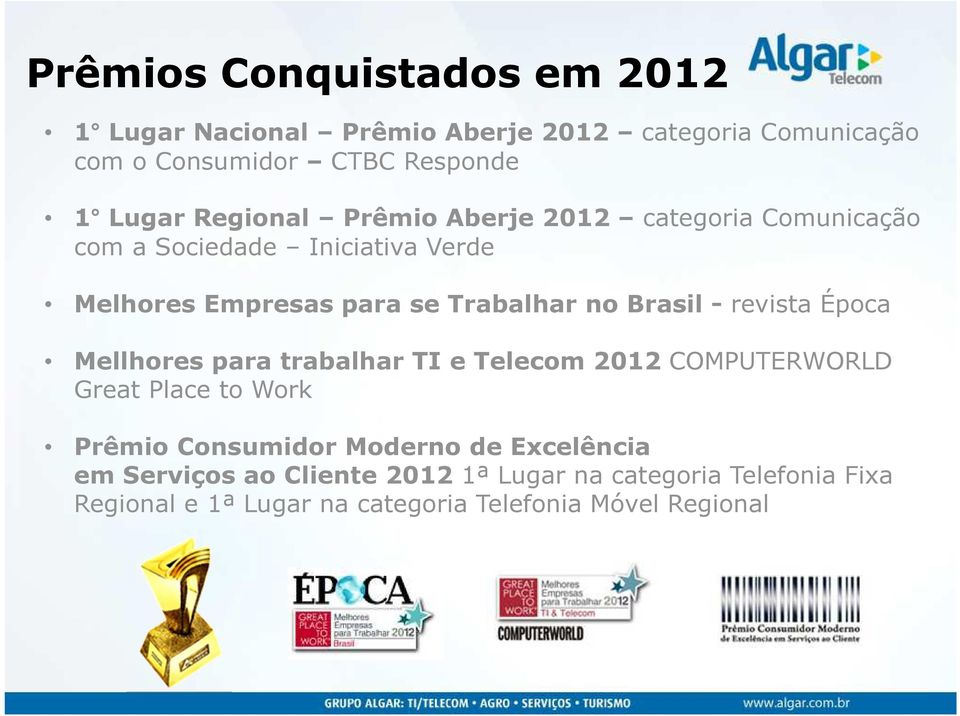 Brasil - revista Época Mellhores para trabalhar TI e Telecom 2012 COMPUTERWORLD Great Place to Work Prêmio Consumidor Moderno