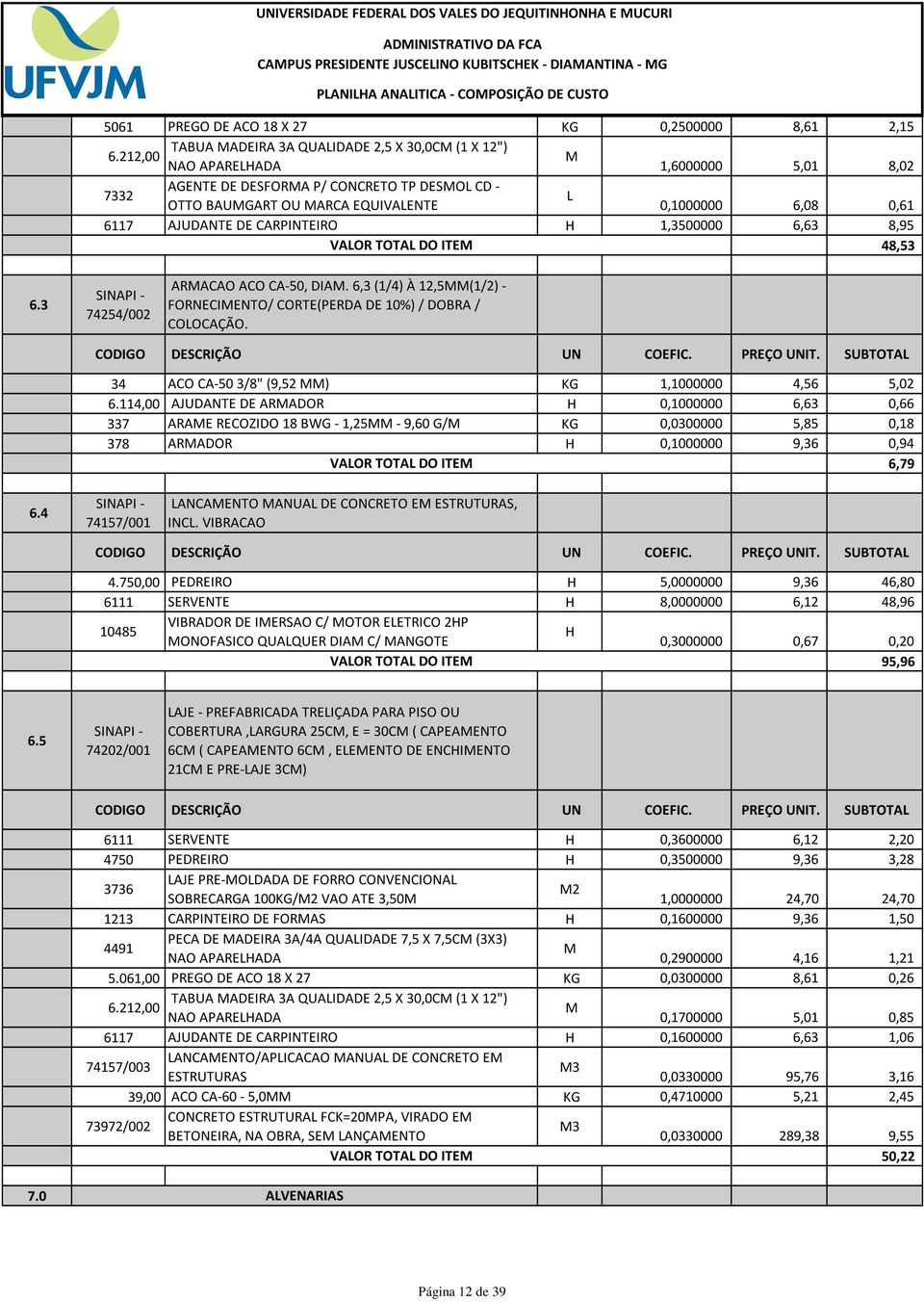 48,53 6.3 74254/002 ARACAO ACO CA-50, DIA. 6,3 (1/4) À 12,5(1/2) - FORNECIENTO/ CORTE(PERDA DE 10%) / DOBRA / COLOCAÇÃO. 34 ACO CA-50 3/8" (9,52 ) KG 1,1000000 4,56 5,02 6.