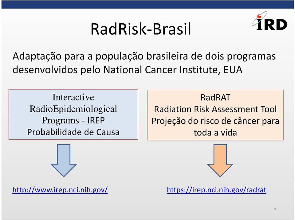 Programs -IREP Probabilidade de Causa RadRAT RadiationRiskAssessmentTool Projeção