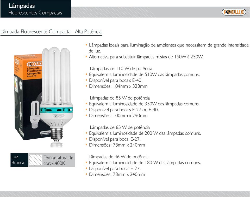 Dimensões: 104mm x 328mm Lâmpadas de 85 W de potência Equivalem a luminosidade de 350W das lâmpadas comuns. Disponível para bocais E-27 ou E-40.