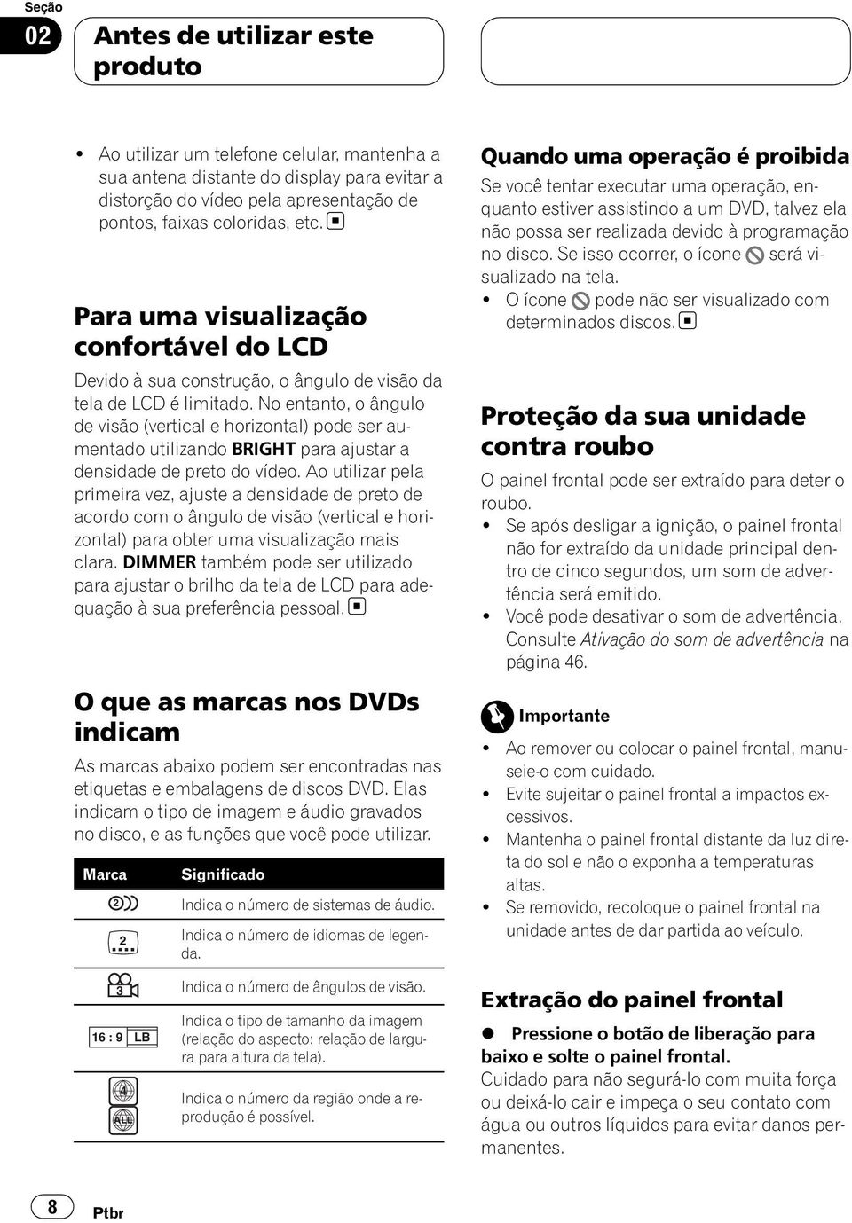 No entanto, o ângulo de visão (vertical e horizontal) pode ser aumentado utilizando BRIGHT para ajustar a densidade de preto do vídeo.