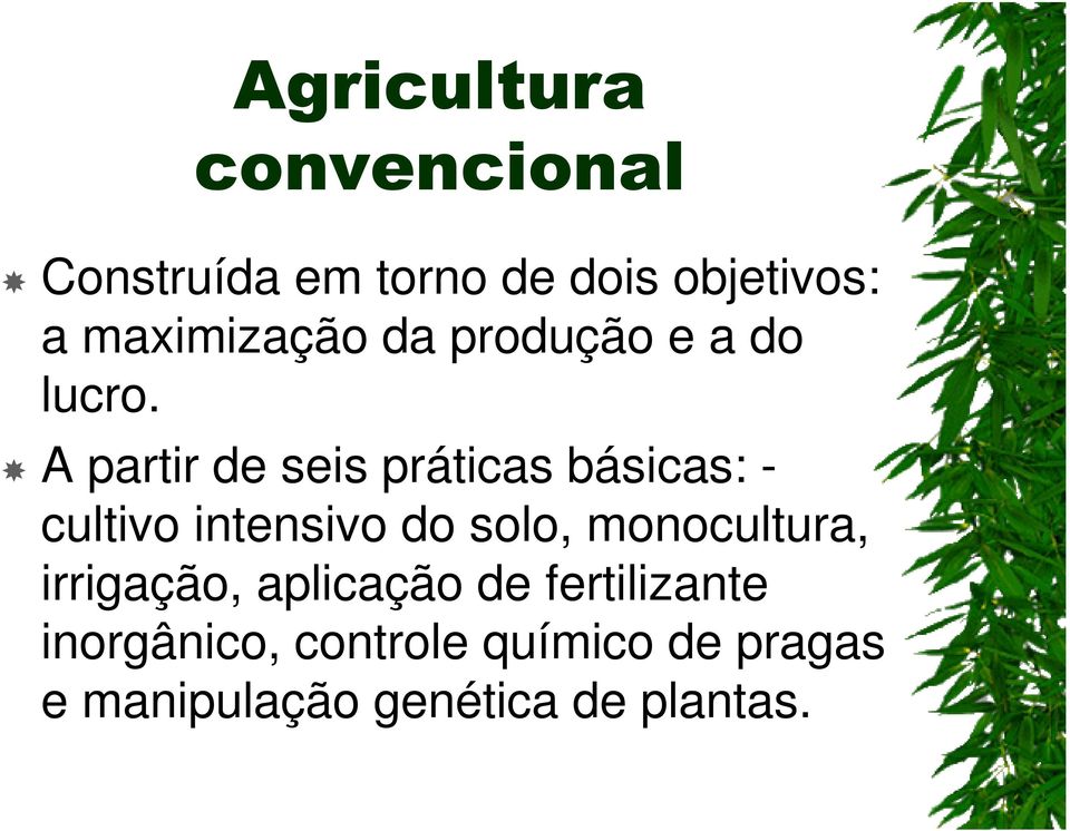 A partir de seis práticas básicas: - cultivo intensivo do solo,