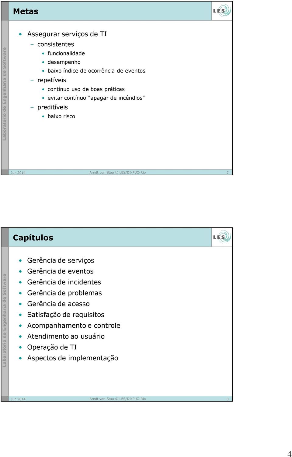 Capítulos Gerência de serviços Gerência de eventos Gerência de incidentes Gerência de problemas Gerência de