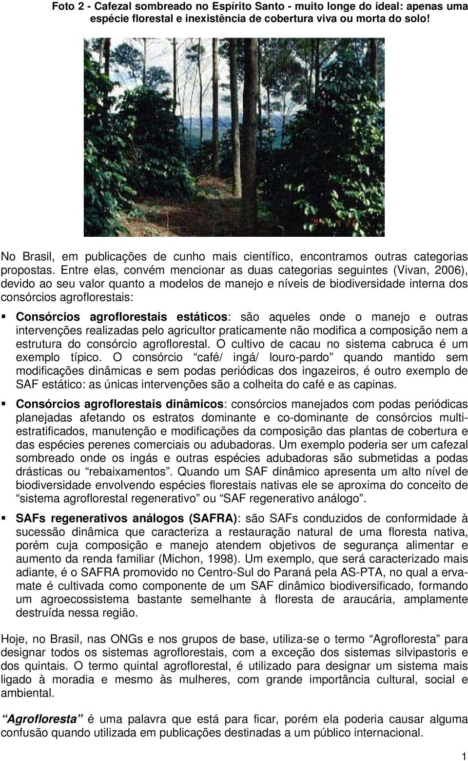 Entre elas, convém mencionar as duas categorias seguintes (Vivan, 2006), devido ao seu valor quanto a modelos de manejo e níveis de biodiversidade interna dos consórcios agroflorestais: Consórcios