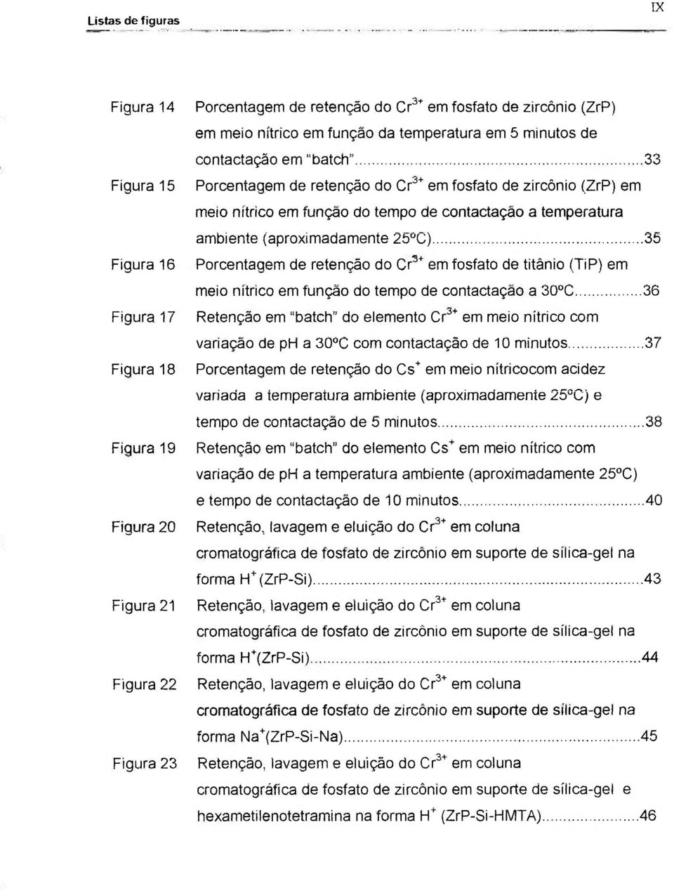 ambiente (aproximadamente 25 C) 35 Porcentagem de retenção do Cr"** em fosfato de titânio (TiP) em meio nítrico em função do tempo de contactação a 30 C 36 Retenção em "batch" do elemento Cr'*'" em