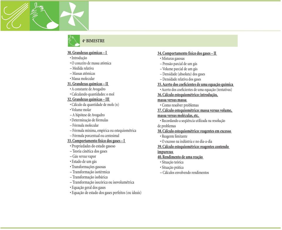 Grandezas químicas III Cálculo da quantidade de mols (n) Volume molar A hipótese de Avogadro Determinação de fórmulas Fórmula molecular Fórmula mínima, empírica ou estequiométrica Fórmula porcentual