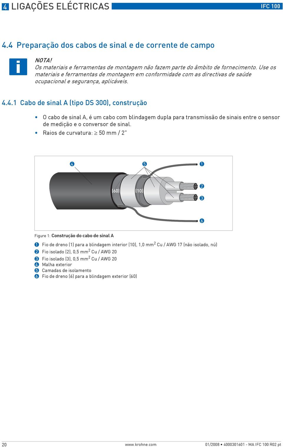 4.1 Cabo de sinal A (tipo DS 300), construção O cabo de sinal A, é um cabo com blindagem dupla para transmissão de sinais entre o sensor de medição e o conversor de sinal.