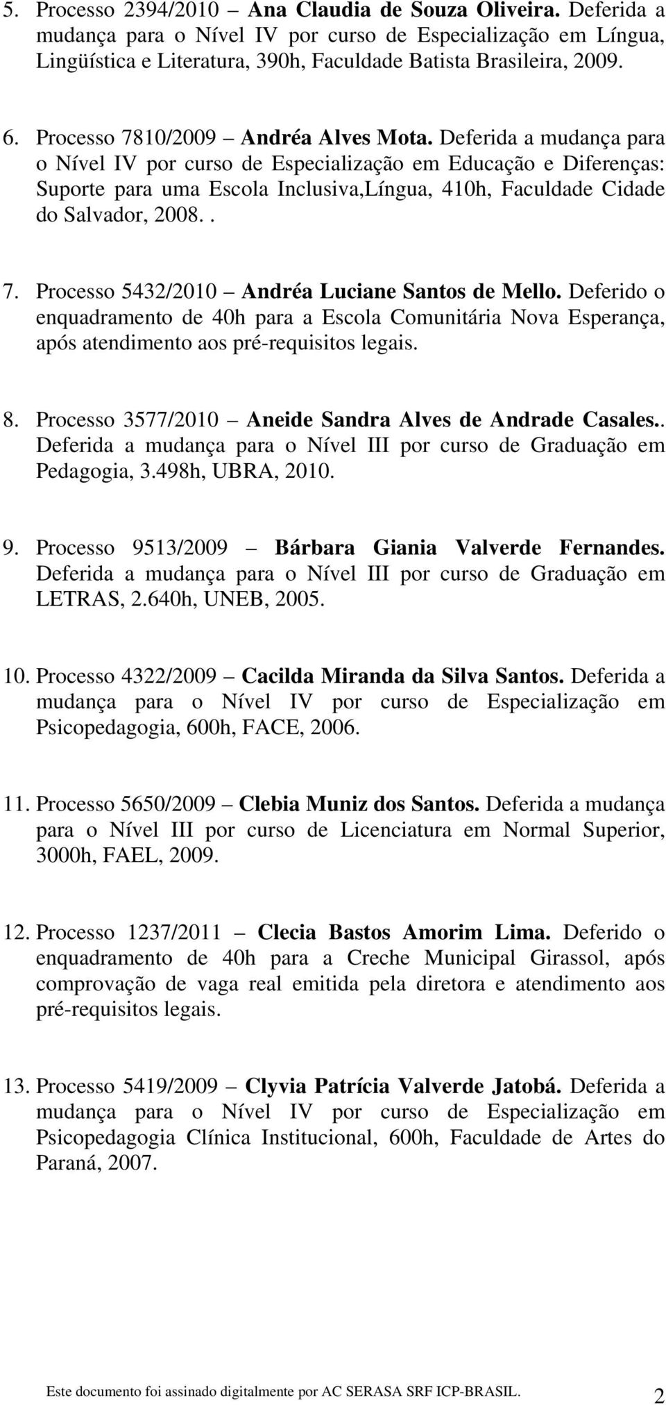 Processo 5432/2010 Andréa Luciane Santos de Mello. Deferido o enquadramento de 40h para a Escola Comunitária Nova Esperança, após atendimento aos 8.