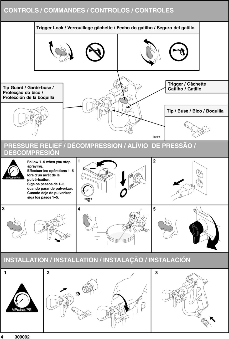 DE PRESSÃO / DESCOMPRESIÓN Follow 1 5 when you stop spraying. Effectuer les opérations 1 5 lors d un arrêt de la pulvérisation.
