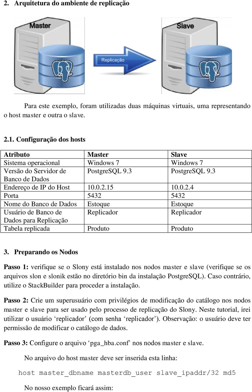 15 10.0.2.4 Porta 5432 5432 Nome do Banco de Dados Estoque Estoque Usuário de Banco de Replicador Replicador Dados para Replicação Tabela replicada Produto Produto 3.