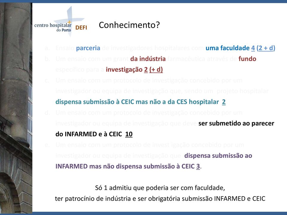 Um ensaio com um protocolo de investigação concebido por um investigador ou equipa de investigação que, sendo um projeto hospitalar dispensa submissão à CEIC mas não a da CES hospitalar 2 d.