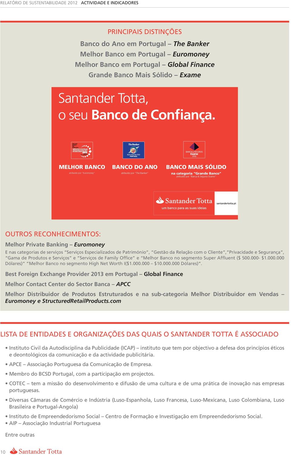 MELHORBANCO atribuído por Euromoney BANCODOANO atribuído por The Banker BANCOMAISSÓLIDO nacategoria GrandeBanco atribuído por Banca & Seguros Exame Outros reconhecimentos: Melhor Private Banking