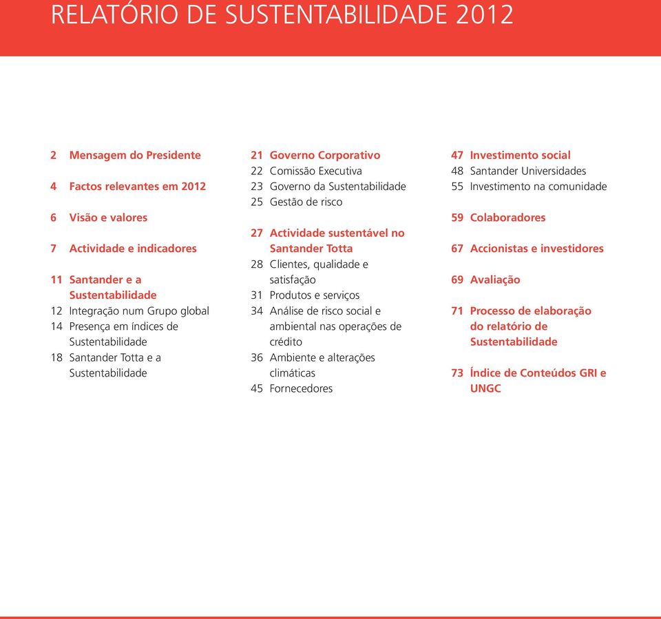 sustentável no Santander Totta 28 Clientes, qualidade e satisfação 31 Produtos e serviços 34 Análise de risco social e ambiental nas operações de crédito 36 Ambiente e alterações climáticas 45