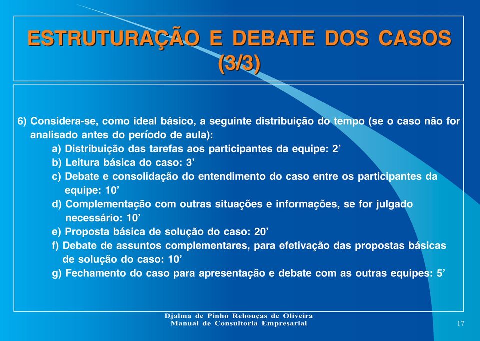 participantes da equipe: 10 d) Complementação com outras situações e informações, se for julgado necessário: 10' e) Proposta básica de solução do caso: 20' f)