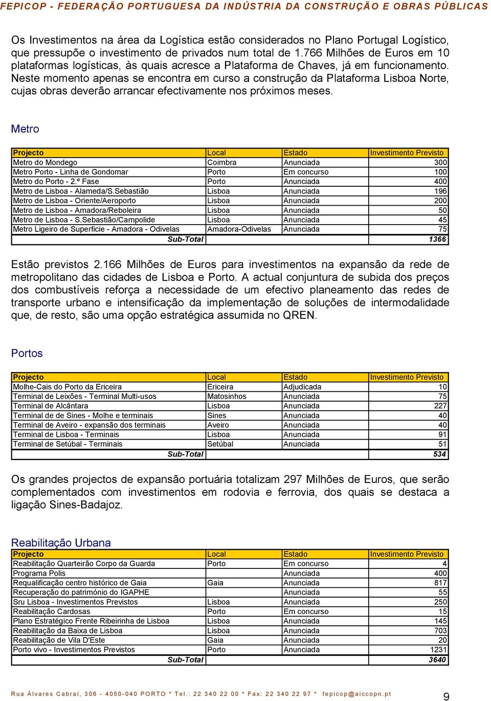 Neste momento apenas se encontra em curso a construção da Plataforma Lisboa Norte, cujas obras deverão arrancar efectivamente nos próximos meses.