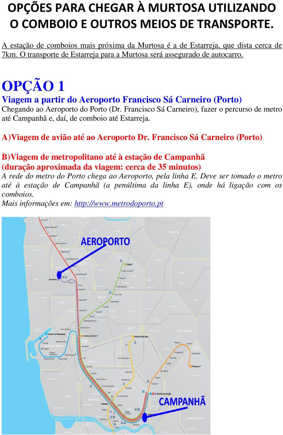 Francisco Sá Carneiro), fazer o percurso de metro até Campanhã e, daí, de comboio até Estarreja. A)Viagem de avião até ao Aeroporto Dr.